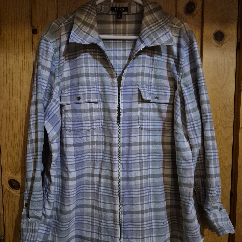 Chaps Blue and Gray Plaid Zip-Up Shirt